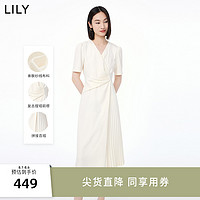 LILY 2023秋新款女装温柔气质通勤高腰小白裙设计感垂坠V领连衣裙