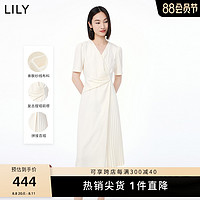 LILY 2023秋新款女装温柔气质通勤高腰小白裙设计感垂坠V领连衣裙