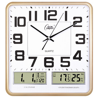 康巴丝挂钟万年历温湿度钟表客厅时钟方形日历石英钟表SZG1259S