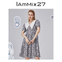 IAmMIX27法式娃娃领连衣裙女夏季新款时尚减龄泡泡袖全棉印花裙子