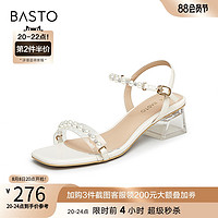 BASTO 百思图 2023夏季商场新款仙女风珍珠一字带透明粗跟女凉鞋TNE31BL3