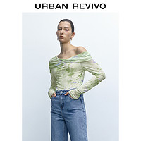 URBAN REVIVO UR2023春夏新款女装气质一字领花朵印花紧身T恤UWG432013