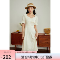 独束大码女装新中式盘扣方领连衣裙女夏微胖mm气质国风中长款裙子 杏仁米 M