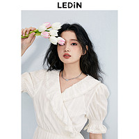 LEDIN 乐町 优雅围裹连衣裙23年夏季新款女装设计感褶皱法式短袖连衣裙