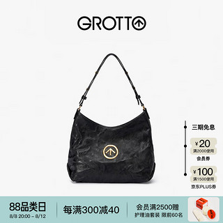 GROTTO 个乐 黑石Hobo包 植鞣羊皮单肩斜挎包托特包小号 小众礼物 经典黑 金标S