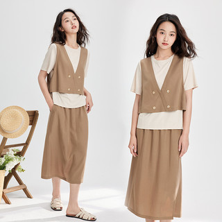 片断套装女2023夏季新款外搭马甲短袖T恤简约半裙chic时尚套装潮