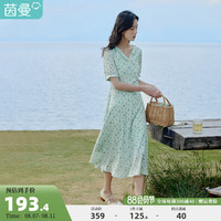 茵曼田园清新碎花连衣裙女2023年夏季新款收腰花边V领泡泡袖长裙
