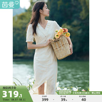 茵曼复古气质V领连衣裙女2023年夏季新款高腰显瘦镂空花边茶歇裙