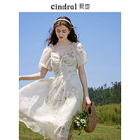 cindral 熙地 2023夏季新款法式甜美方领连衣裙女小个子高级感质感收腰裙子