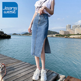 PLUS会员：JEANSWEST 真维斯 女士时尚牛仔半身裙2023春季高腰显瘦中长款开叉休闲复古蓝L