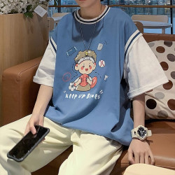 夏季假两件t恤男士港风ins潮流短袖上衣2023宽松圆领休闲卡通衣服