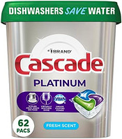 cascade Platinum 洗碗机垫，Actionpacs 洗碗机洗涤剂，清新香味，62 支装