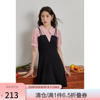 独束大码女装假两件拼接休闲撞色连衣裙夏季微胖mm高腰显瘦小黑裙 粉墨色-短款 M