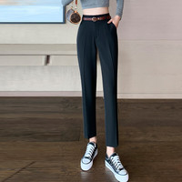 PLUS会员：YuJue 瑜珏 2023春夏直筒西装裤九分裤女休闲哈伦裤烟管萝卜裤 黑色 XL