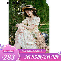 HOPESHOW 红袖 夏季2023新款女装 印花泡泡袖收腰V领套头连衣裙 米底花611