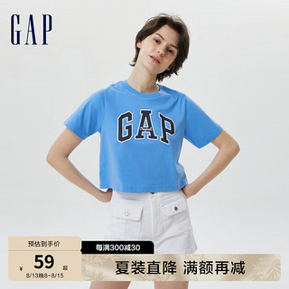 Gap女装廓形T恤LOGO纯棉亲肤短袖夏季2023新款659468正肩上衣 蓝色 160/80A(XXS)