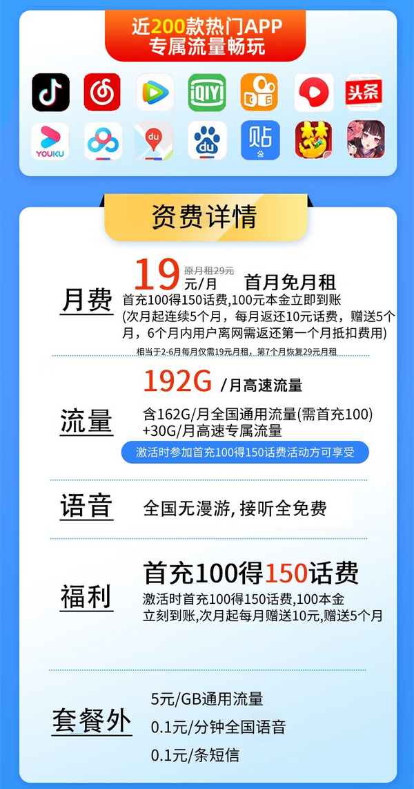 中国广电 广电卡 19元月租（162G通用流量+ 30G定向）