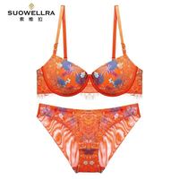 SUOWELLRA 索维拉 品牌文胸套装复古印花撞色奶罩女光面拼接蕾丝内衣内裤套装性感 橘色 70B