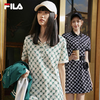 FILA斐乐 女士老花连衣裙2023夏季美式复古满印修身显瘦POLO领裙子