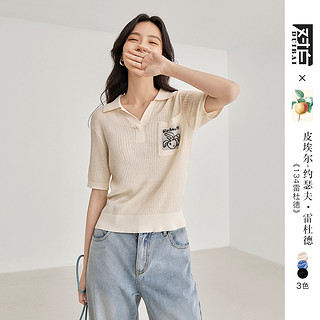 2023夏装新品贴袋画作提花女式短袖针织T恤 XL 米杏色(收藏品牌，及时获取活动提示)