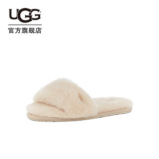 UGG2023秋季新款女士纯色茸茸平底露趾休闲一字夹脚拖鞋 1129670 NAT| 自然白色 38