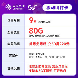 中国移动 免费卡 半年9元月租（本地归属地+188G全国流量+畅享5G）赠送50元现金红包