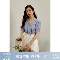 百褶V领泡泡袖简约百搭上衣 法式衬衫
