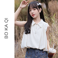 帛卡琪 Bo Ka Qi2023夏季新款法式无袖拉链衬衫女宽松短袖气质雪纺衬衣小衫