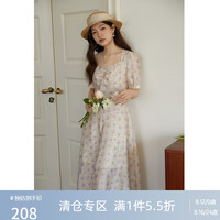 独束大码女装法式复古方领碎花连衣裙夏季微胖mm浪漫玫瑰氛围感公主裙 米底紫花 L