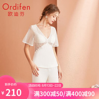 欧迪芬睡衣女家居服2021夏季性感v领优雅蕾丝拼接短袖莫代尔家居服套装 带杯垫 XH1702 牙白色 M