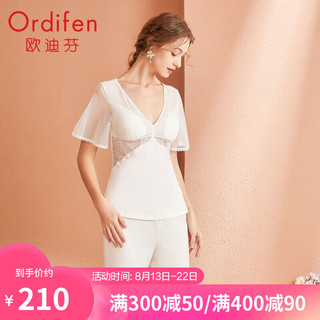 欧迪芬睡衣女家居服2021夏季性感v领优雅蕾丝拼接短袖莫代尔家居服套装 带杯垫 XH1702 牙白色 M