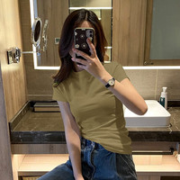 SOAH2023新款正肩短袖T恤女修身紧身纯棉白色半高领打底衫夏上衣纯色 卡其色 M(90-100斤)