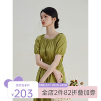 自巧(ZIQIAO)小个子全棉灯笼袖牛油果绿连衣裙女2023新款系带方领中长裙 牛油果绿 1