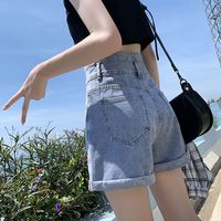 新款女超高腰牛仔短裤女春夏季A字卷边宽松显瘦阔腿热裤ins 浅蓝 S