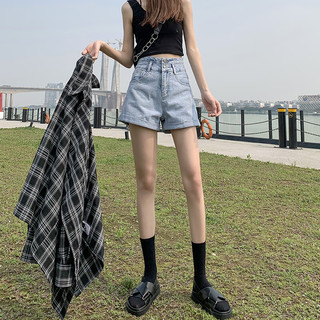 新款女超高腰牛仔短裤女春夏季A字卷边宽松显瘦阔腿热裤ins 浅蓝 S