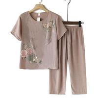妈妈夏季女装套装中老年人棉麻短袖妈妈装宽松两件套装上衣裤子。 藏青色 标准颜色 XL 80-100斤