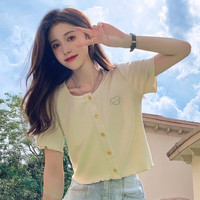 夏季短袖新款木耳边刺绣纯色T恤开衫女学生气质短款上衣女潮 杏色 S