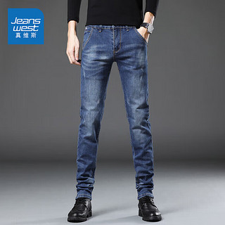 PLUS会员：JEANSWEST 真维斯 牛仔裤男2023夏季柔软棉弹修身小脚裤潮流时尚印花男长裤中蓝33