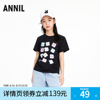 Annil 安奈儿 女童装女童短袖T恤2023夏新款吸湿速干清新印花泡泡袖上衣
