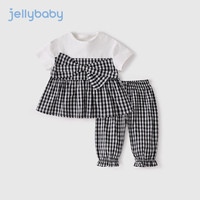 JELLYBABY儿童格子夏装宝宝蝴蝶结两件套女童2023网红套装 黑格 110cm