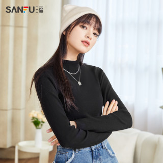 SANFU 三福 打底衫2023新款秋冬立领木耳边内搭毛衣高弹修身针织上衣女装
