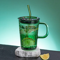 青苹果ins风玻璃吸管杯400ml家用儿童水杯耐高温牛奶杯水带把茶杯