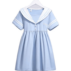 海軍領連衣裙夏季新款韓版洋氣裙子裝女孩網紅公主裙 藍色 110cm
