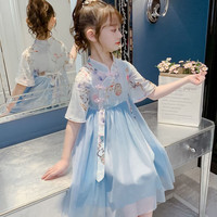 连衣裙夏装2023新款汉服中国风洋气雪纺裙子夏季女孩古装 浅蓝色 100