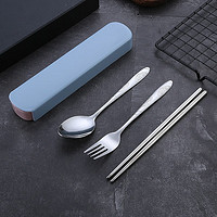 移动端：橡暮 餐具筷子勺子套装学生便携上班族筷子盒可爱不锈钢叉子三件套 蓝色三件套