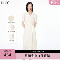 LILY 2023秋新款女装温柔气质通勤高腰小白裙设计感垂坠V领连衣裙