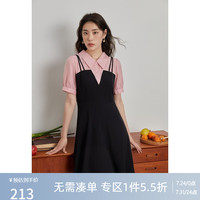 独束大码女装假两件拼接休闲撞色连衣裙夏季微胖mm高腰显瘦小黑裙 粉墨色-短款 XL