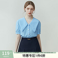 范思蓝恩 23FS12167洋气减龄衬衫，女设计感小众夏季短袖海军领衬衣 冰川蓝 M