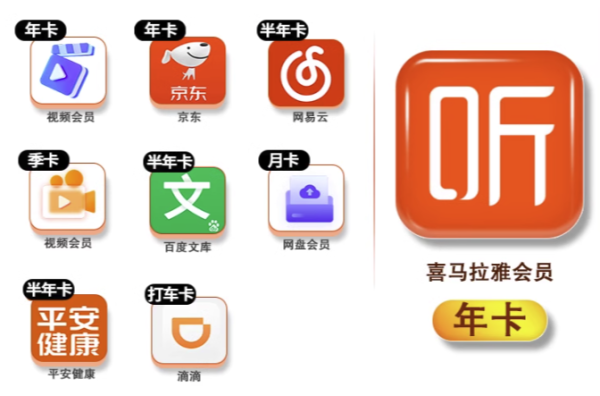 喜马拉雅 联合会员 买1得9(含腾讯视频会员、京东PLUS、喜马拉雅等年卡等)