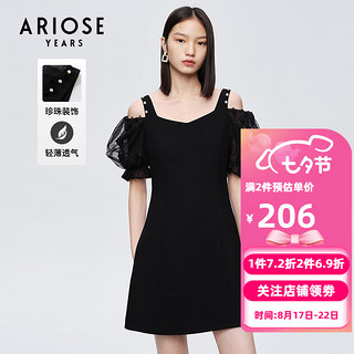 ARIOSE years 艾诺丝雅诗 夏新珍珠网纱泡泡袖短袖小清新小黑裙连衣裙10429006 黑色 S